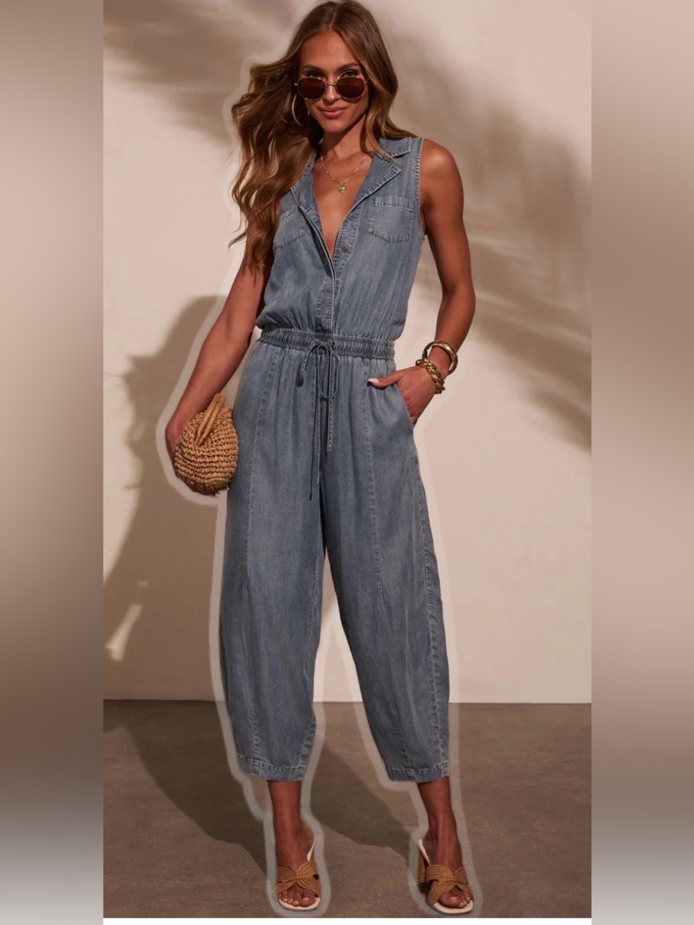 Vici Light Blue Denim Wide-Leg Jumpsuit